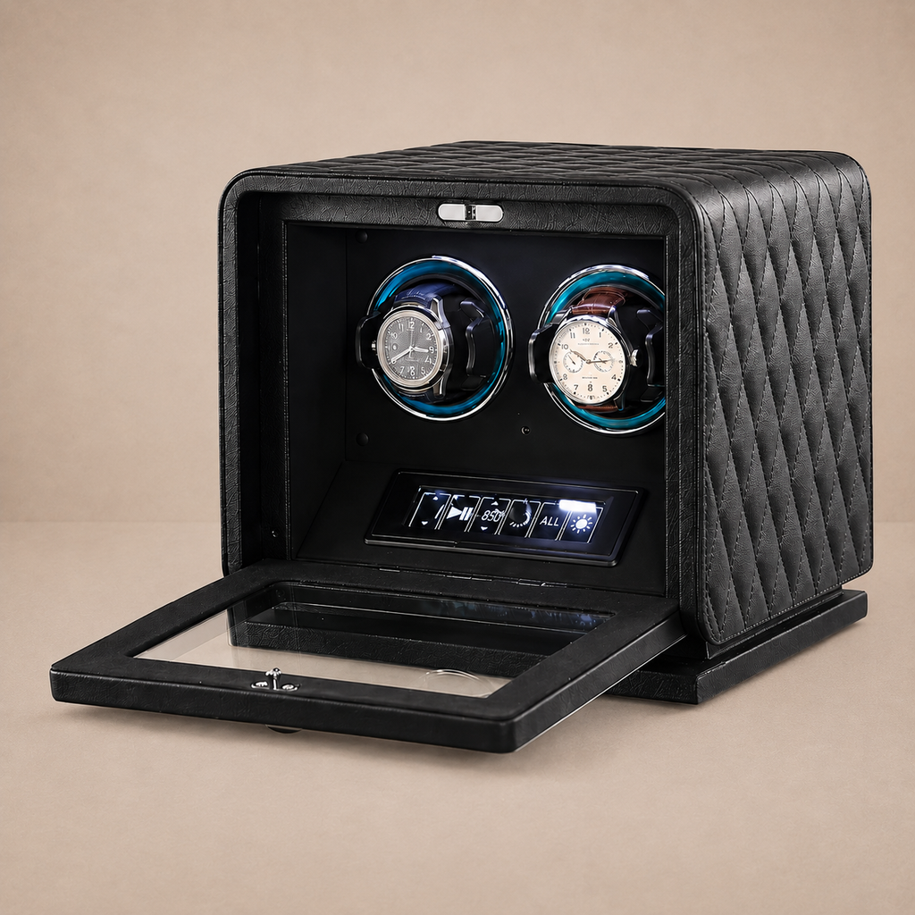 Remontoir montre automatique 2 emplacements en cuir noir Le Sanctuaire, réglage indépendant par montre - Le Gardien Horloger