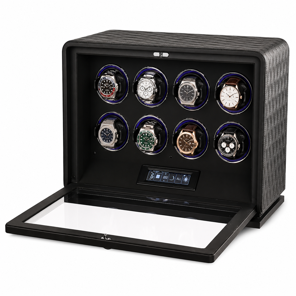 Remontoir montre automatique 8 emplacements en cuir noir Le Sanctuaire, réglage indépendant par montre - Le Gardien Horloger
