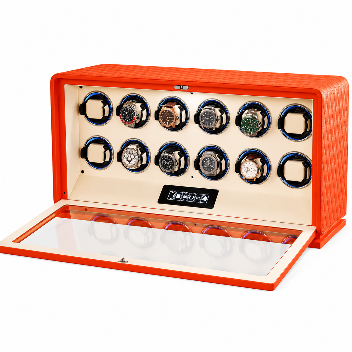 Remontoir montre automatique 12 emplacements en cuir orange Le Sanctuaire, réglage indépendant par montre - Le Gardien Horloger