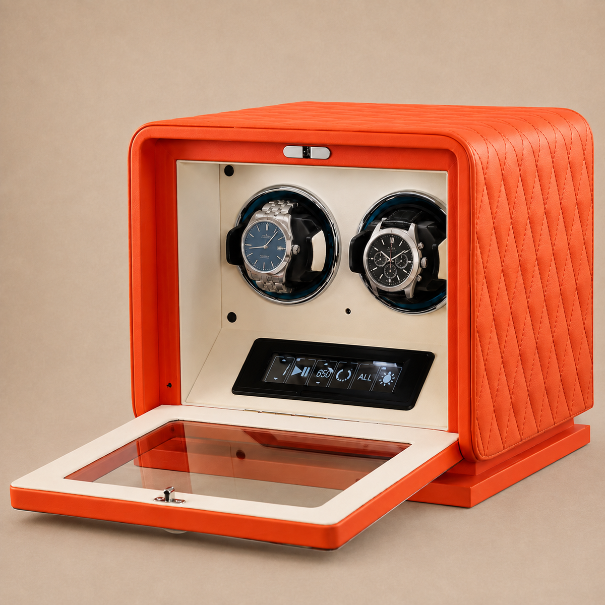 Remontoir montre automatique 2 emplacements en cuir orange Le Sanctuaire, réglage indépendant par montre - Le Gardien Horloger