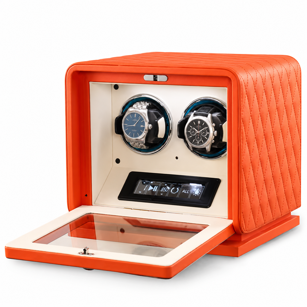 Remontoir montre automatique 2 emplacements en cuir orange Le Sanctuaire, réglage indépendant par montre - Le Gardien Horloger