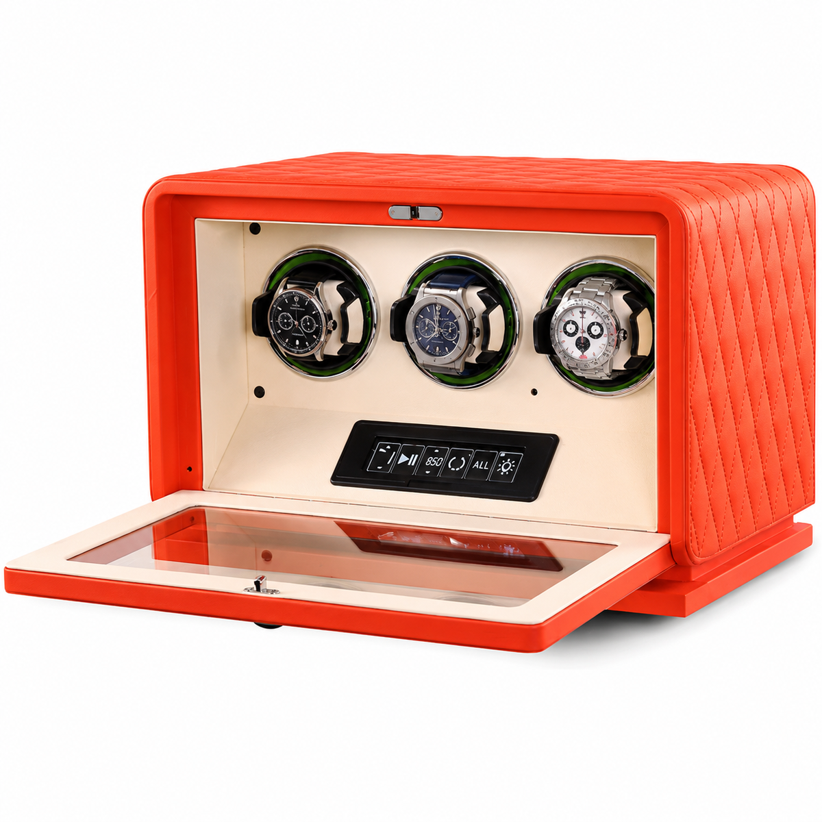 Remontoir montre automatique 3 emplacements en cuir orange Le Sanctuaire, réglage indépendant par montre - Le Gardien Horloger