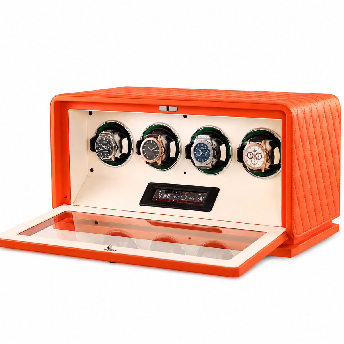 Remontoir montre automatique 4 emplacements en cuir orange Le Sanctuaire, réglage indépendant par montre - Le Gardien Horloger