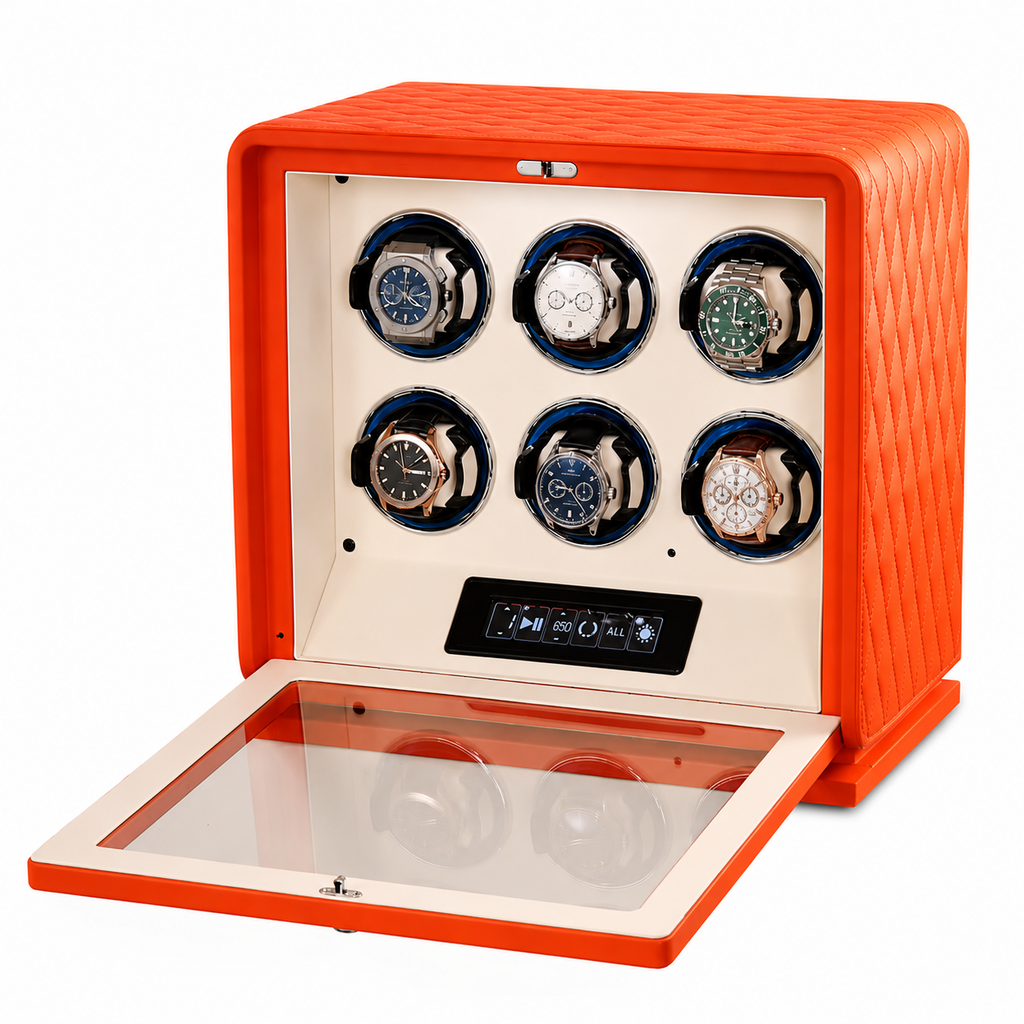 Remontoir montre automatique 6 emplacements en cuir orange Le Sanctuaire, réglage indépendant par montre - Le Gardien Horloger