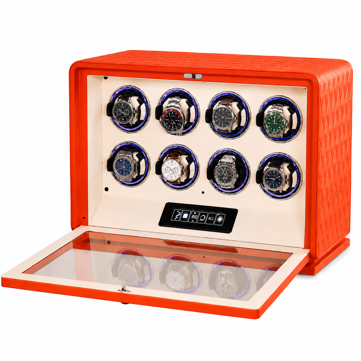Remontoir montre automatique 8 emplacements en cuir orange Le Sanctuaire, réglage indépendant par montre - Le Gardien Horloger