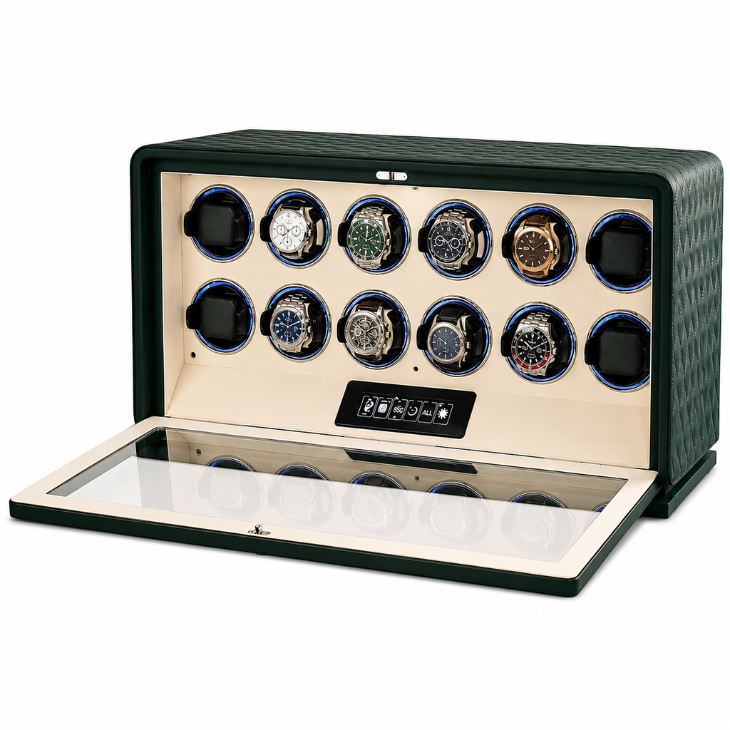Remontoir montre automatique 12 emplacements en cuir vert Le Sanctuaire, réglage indépendant par montre - Le Gardien Horloger