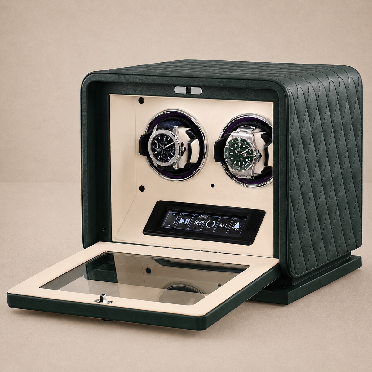 Remontoir montre automatique 2 emplacements en cuir vert Le Sanctuaire, réglage indépendant par montre - Le Gardien Horloger