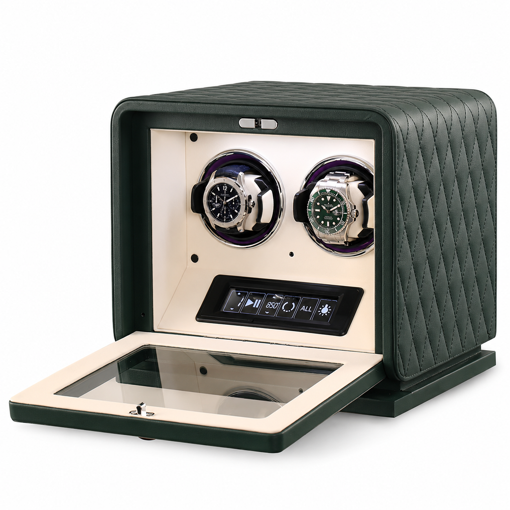 Remontoir montre automatique 2 emplacements en cuir vert Le Sanctuaire, réglage indépendant par montre - Le Gardien Horloger