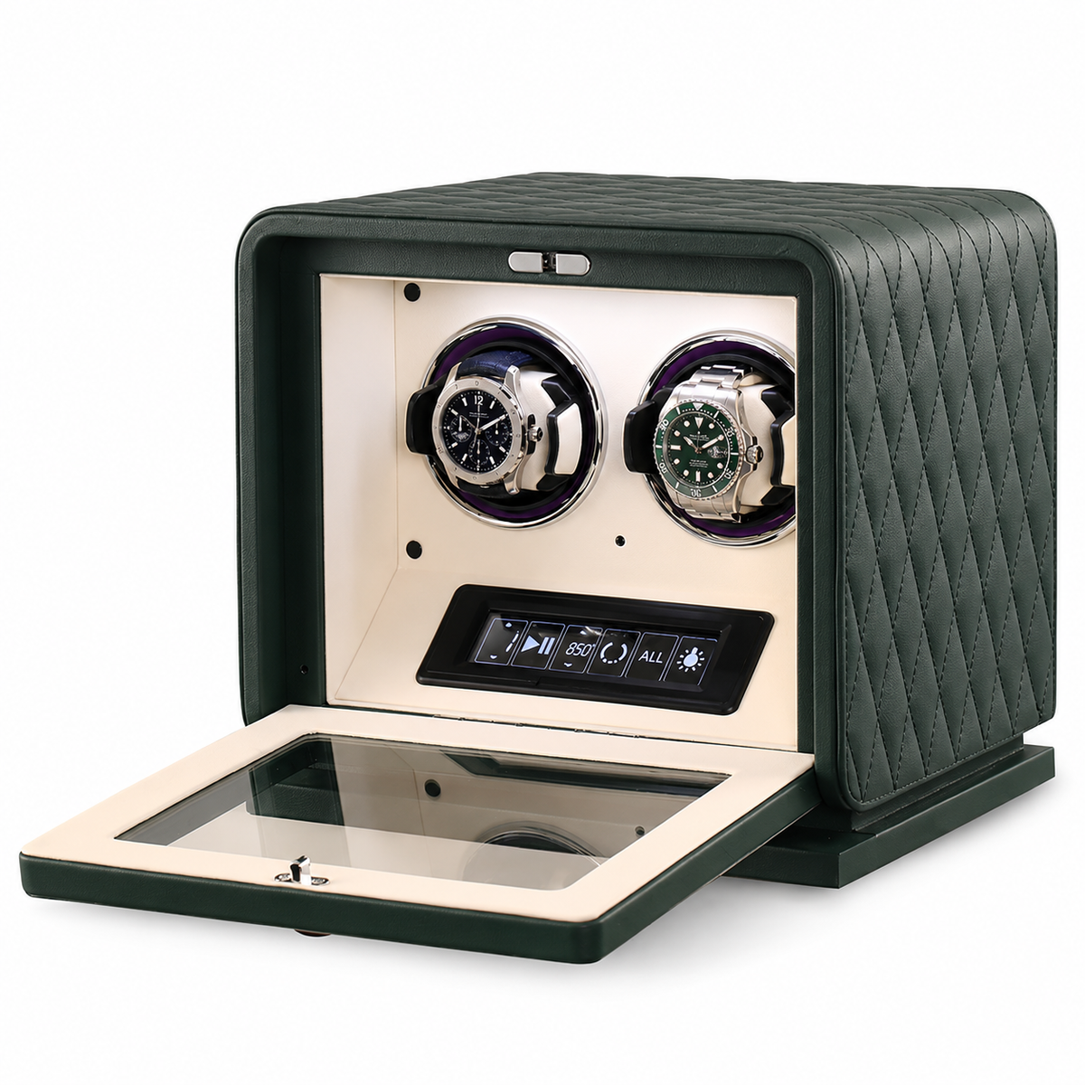 Remontoir montre automatique 2 emplacements en cuir vert Le Sanctuaire, réglage indépendant par montre - Le Gardien Horloger