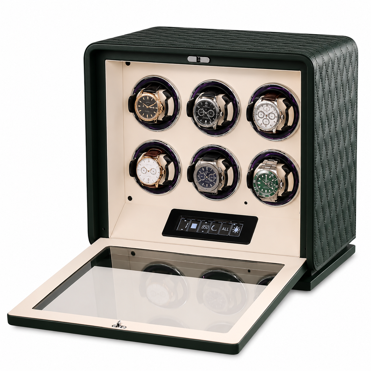Remontoir montre automatique 6 emplacements en cuir vert Le Sanctuaire, réglage indépendant par montre - Le Gardien Horloger