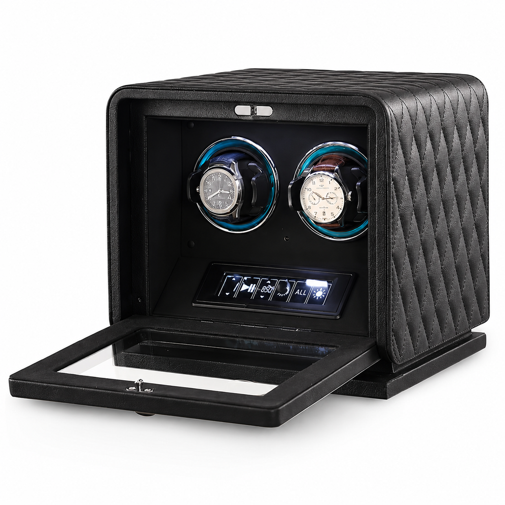 Remontoir montre automatique 2 emplacements en cuir noir Le Sanctuaire, réglage indépendant par montre - Le Gardien Horloger