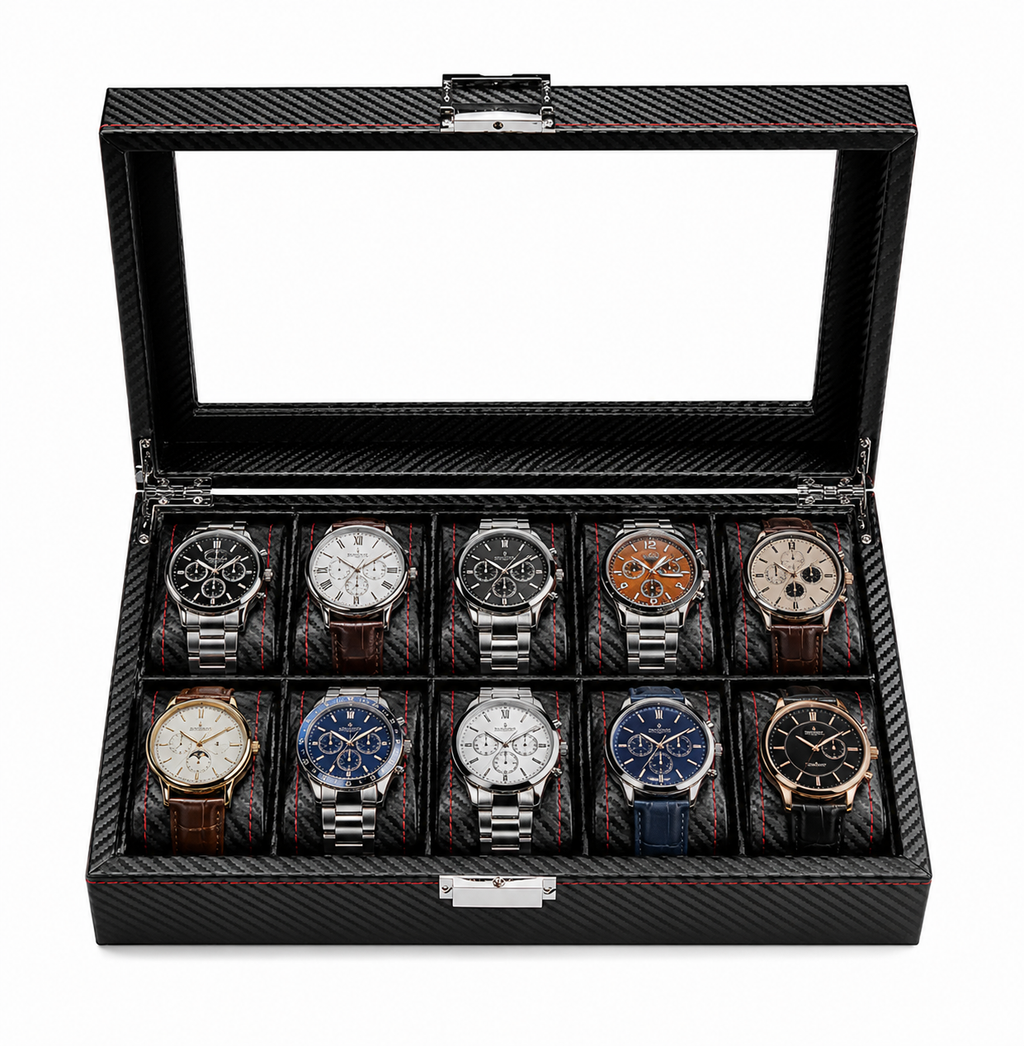 Boîte à montres Monza 10 vue de détail, finition effet carbone