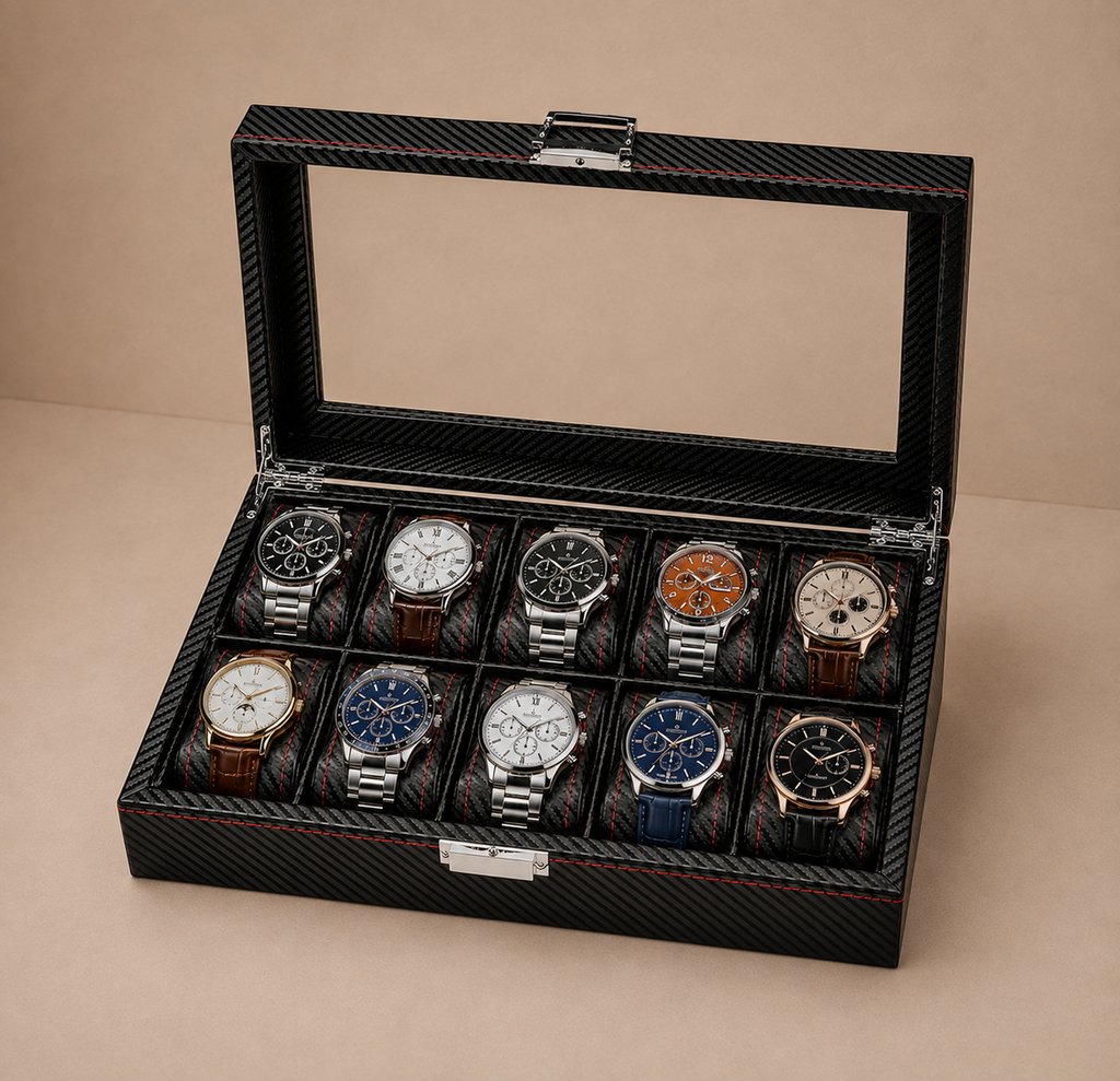 Boîte à montres carbone noir Monza 10, couvercle vitré, 10 emplacements