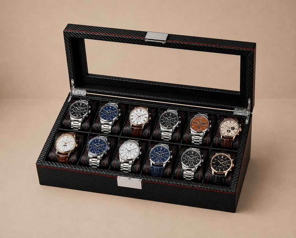 Boîte à montres carbone noir Monza 12, couvercle vitré, 12 emplacements