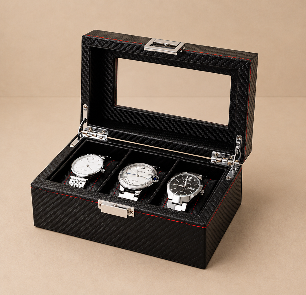 Boîte à montres carbone noir Monza 3, couvercle vitré, 3 emplacements