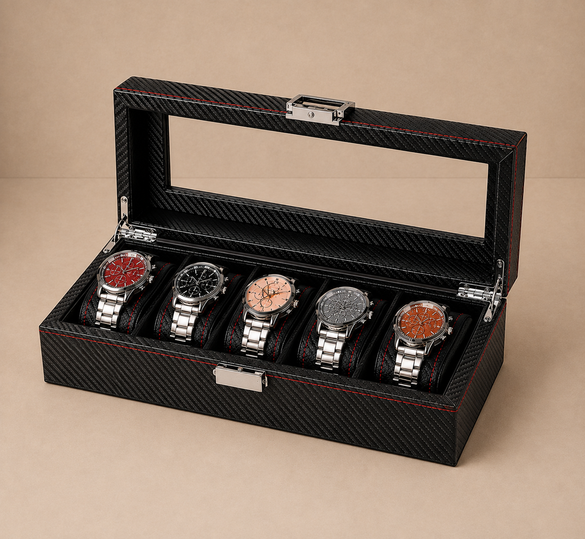 Boîte à montres carbone noir Monza 5, couvercle vitré, 5 emplacements Image