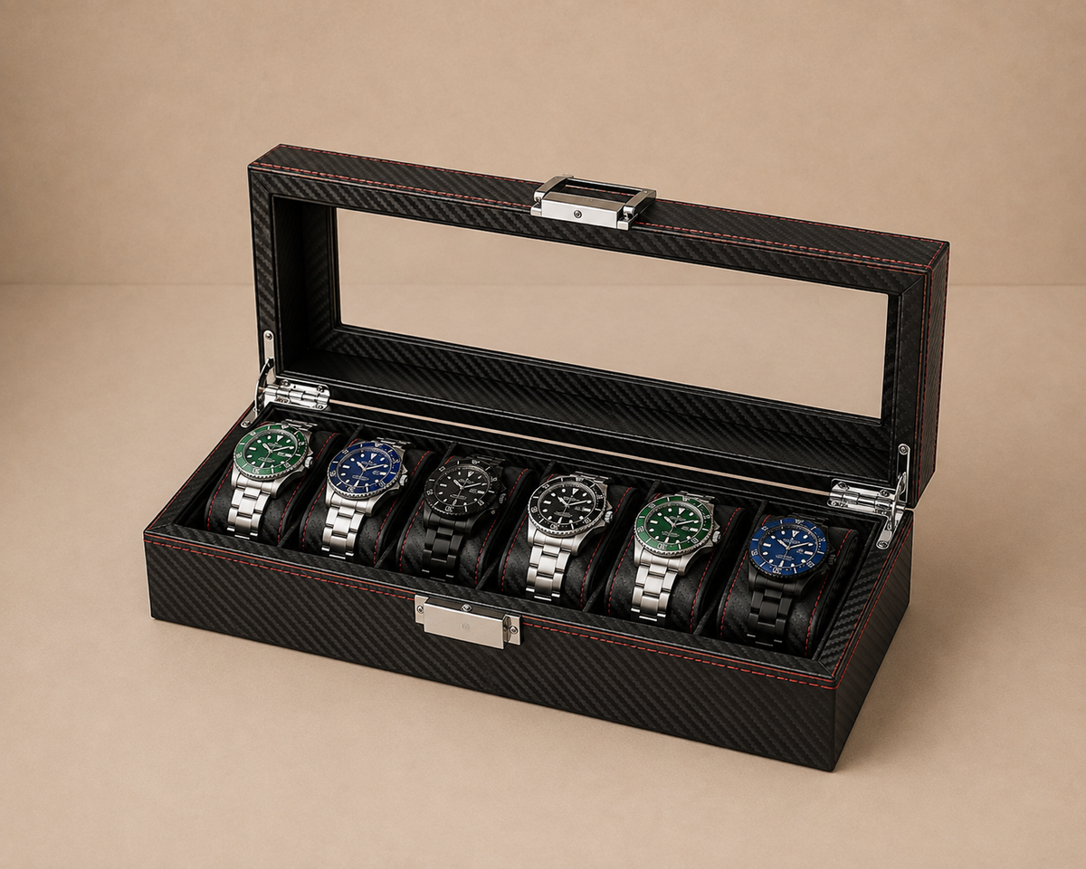 Boîte à montres carbone noir Monza 6, couvercle vitré, 6 emplacements