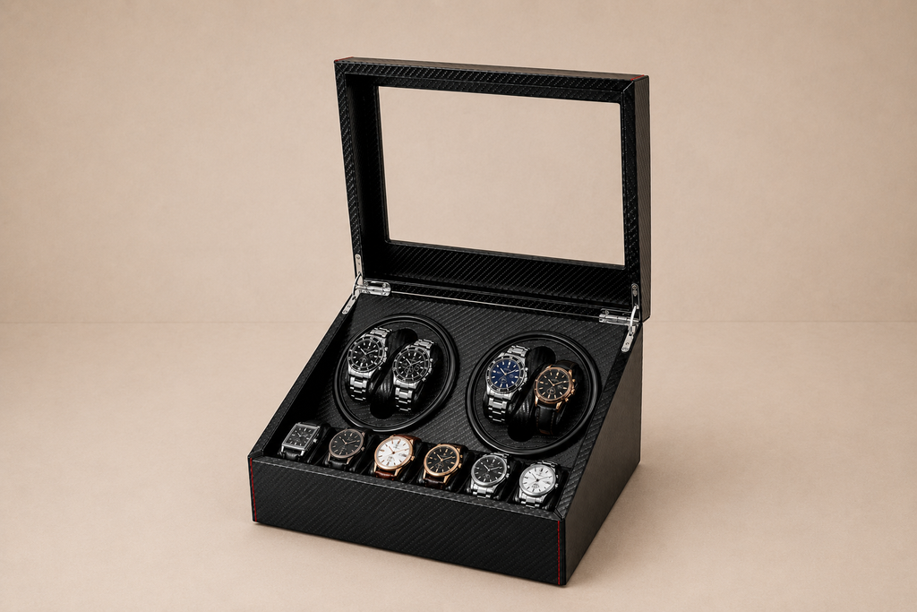 Remontoir montre quadruple carbone La Quadrature, façade vitrée, 4 emplacements rotatifs et 6 rangements