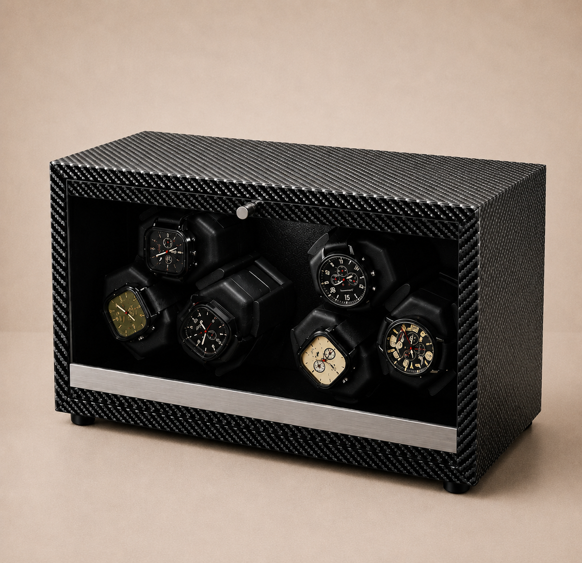 Remontoir montre sextuple carbone Sistera, façade vitrée, éclairage LED bleu, 6 emplacements