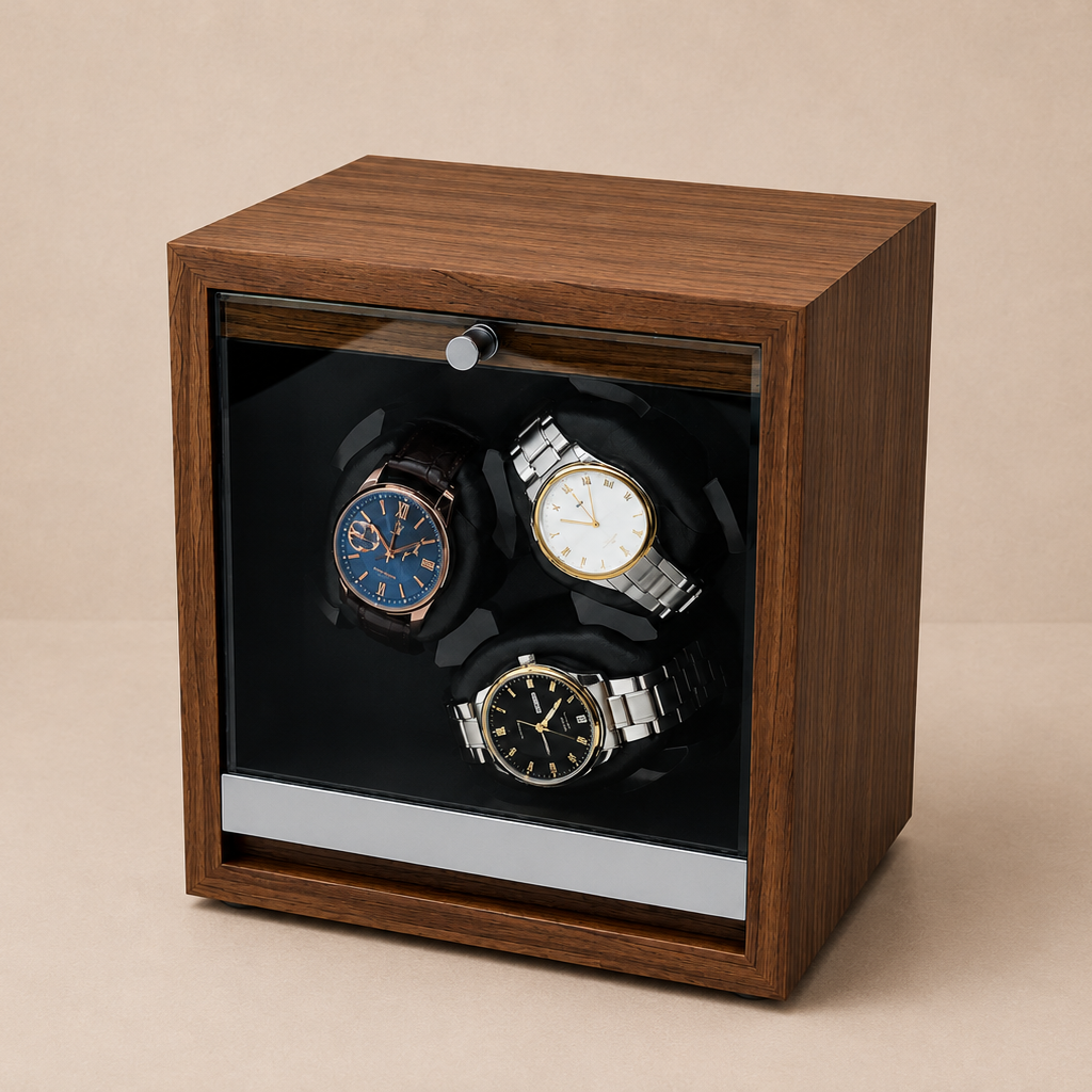Remontoir montre triple bois Triomine, façade vitrée, finition bois